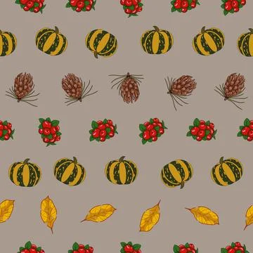 Autumn season vector seamless pattern on taupe brown background Stock Illustration