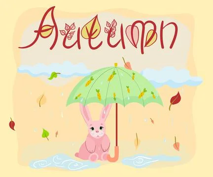 Autumn set with cute rabbit under an umbrella Stock Illustration