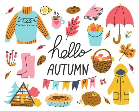 Autumn set of elements with hand lettering. Sweater, umbrella, harvest. 스톡 일러스트