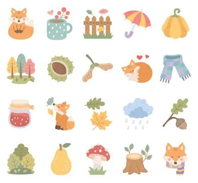 Autumn set featuring fox mug fence umbrella Stock Illustration