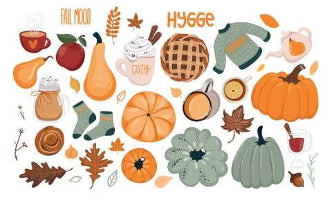 Autumn set with hand drawn elements. Calligraphy, fall leaves, animals and other 스톡 일러스트