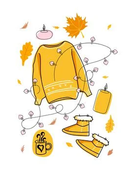 Autumn set with hand drawn elements. Warm knitted sweater, fur boots, hot drink Stock Illustration