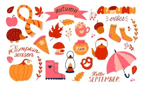 Autumn set, hand drawn elements- calligraphy, fall leaves, umbrella, pumpkin. Illustrazione stock