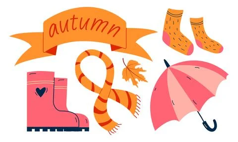 Autumn set, hand drawn elements- socks, rubber boots, scarf, umbrella, leaf. Ilustración de archivo