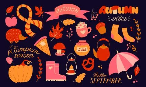 Autumn set, hand drawn elements- calligraphy, fall leaves, umbrella, pumpkin. 스톡 일러스트