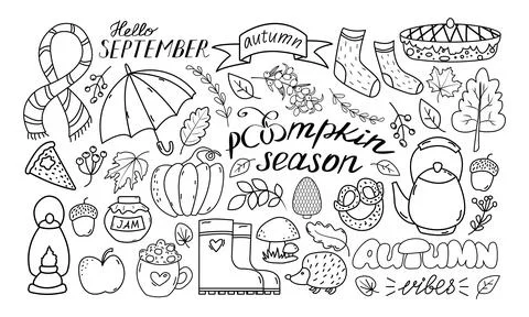 Autumn set, hand drawn elements doodle style - calligraphy, fall leaves, umbr 스톡 일러스트