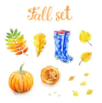Autumn set isolated on a white background. Pumpkin, foliage, rubber boots. Stock Illustration