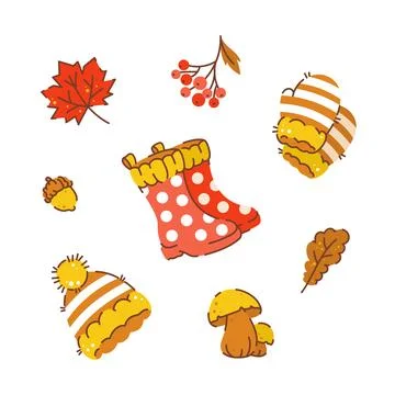Autumn set of items: hat, mittens, rubber boots, autumn leaves, mountain as.. Stock Illustration