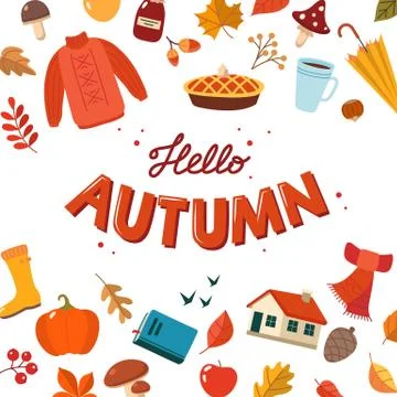 Autumn set with lettering. Cute elements collection, vector illustration in flat Illustrazione stock