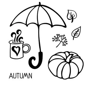 Autumn set. Linear black and white doodle sketch. Pumpkins, leaves, umbrella Stock Illustration