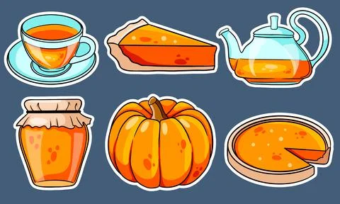 Autumn set. Pumpkin, hot tea, kettle, mug, pumpkin pie, jam. Stickers. Stock Illustration