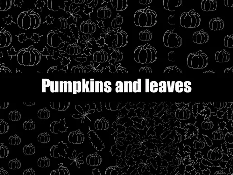 Autumn set of seamless pattern with pumpkins and leaves. White contours of le Stock Illustration