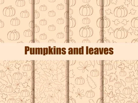 Autumn set of seamless pattern with pumpkins and leaves. Contours of leaves a Stock Illustration