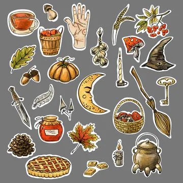 Autumn set of sticker elements. Mystical rural autumn. Halloween concept Stockillustratie