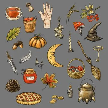 Autumn set of sticker elements. Mystical rural autumn. Halloween concept Stock Illustration