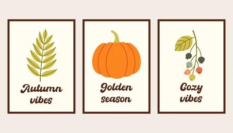 Autumn simple poster set. Fall flyer doodle set. Vectical banner autumn elements Stockillustratie