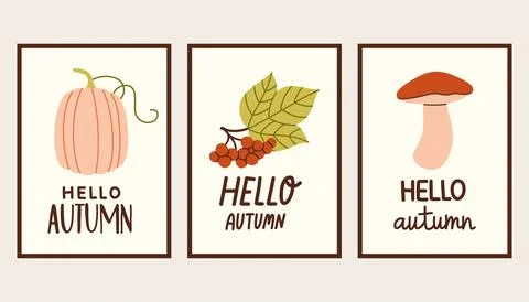 Autumn simple poster set. Fall flyer doodle set. Vectical banner autumn elements 스톡 일러스트