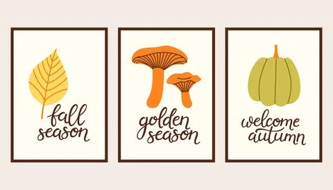 Autumn simple poster set. Fall flyer doodle set. Vectical banner autumn elements 스톡 일러스트