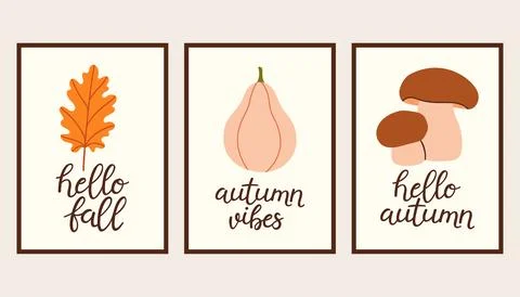 Autumn simple poster set. Fall flyer doodle set. Vectical banner autumn elements 库存插图