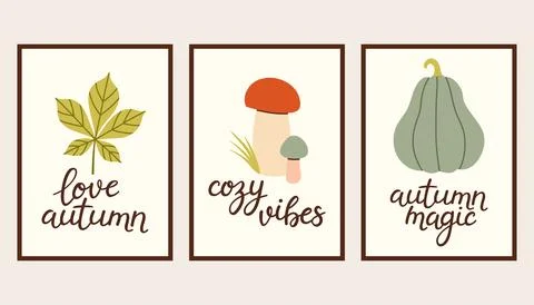 Autumn simple poster set. Fall flyer doodle set. Vectical banner autumn elements Stockillustratie
