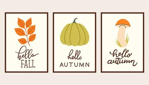 Autumn simple poster set. Fall flyer doodle set. Vectical banner autumn elements 스톡 일러스트