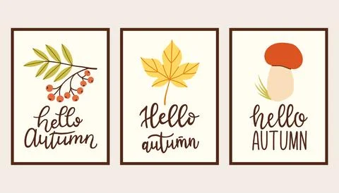 Autumn simple poster set. Fall flyer doodle set. Vectical banner autumn elements 库存插图