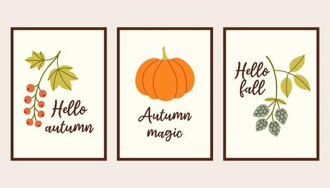 Autumn simple poster set. Fall flyer doodle set. Vectical banner autumn elements 스톡 일러스트
