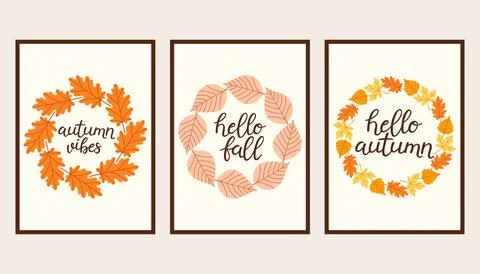 Autumn simple poster set. Fall flyer doodle set. Vectical banner autumn elements 스톡 일러스트