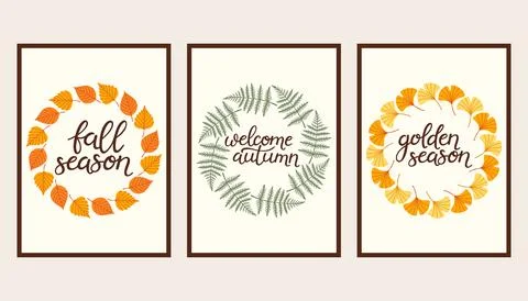 Autumn simple poster set. Fall flyer doodle set. Vectical banner autumn elements 스톡 일러스트