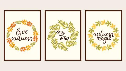 Autumn simple poster set. Fall flyer doodle set. Vectical banner autumn elements 스톡 일러스트