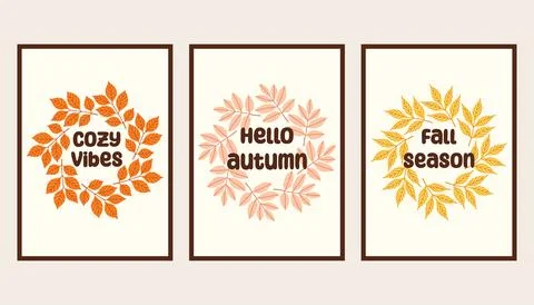 Autumn simple poster set. Fall flyer doodle set. Vectical banner autumn elements 스톡 일러스트