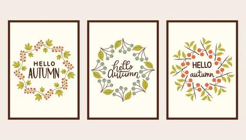 Autumn simple poster set. Fall flyer doodle set. Vectical banner autumn elements 库存插图