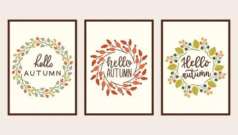 Autumn simple poster set. Fall flyer doodle set. Vectical banner autumn elements 스톡 일러스트