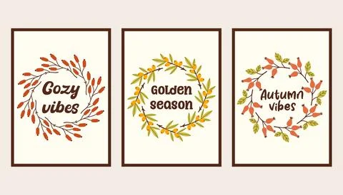 Autumn simple poster set. Fall flyer doodle set. Vectical banner autumn elements 스톡 일러스트
