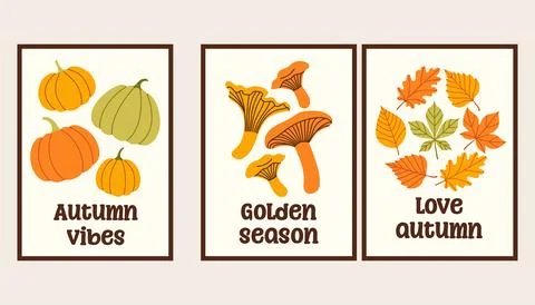 Autumn simple poster set. Fall flyer doodle set. Vectical banner autumn elements 스톡 일러스트