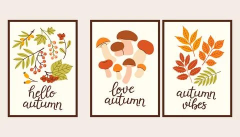 Autumn simple poster set. Fall flyer doodle set. Vectical banner autumn elements 스톡 일러스트
