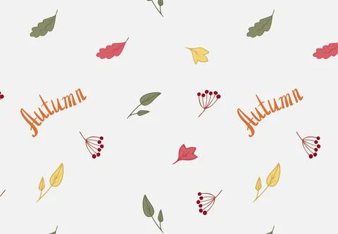 Autumn simple seamless pattern with leaves, berries and text Autumn. Cute pat Stock Illustration