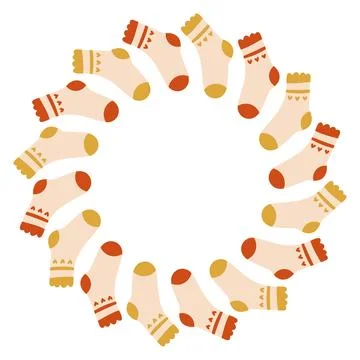 Autumn socks circle frame. Round border made of doodle hand drawn fall elements 스톡 일러스트