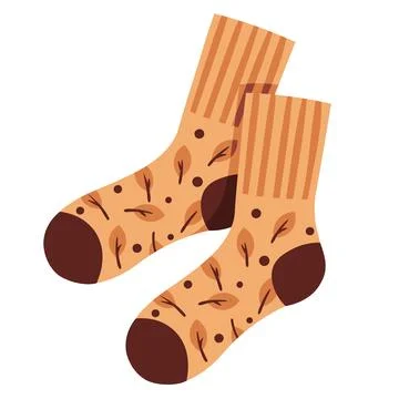 Autumn Socks with Leaf Pattern Flat Vector Illustration Isolated on White. Cozy Stock Illustration
