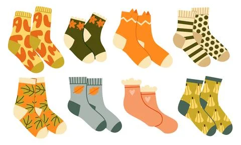 Autumn Socks Vector Set Flat Geometric Cozy Fall Footwear Collection Isolated Stock Illustration