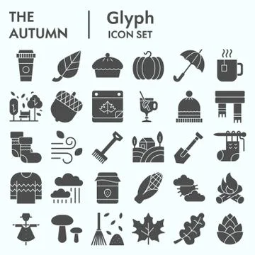 Autumn solid icon set, Falling leaves season themed symbols collection, logo Stock Illustration