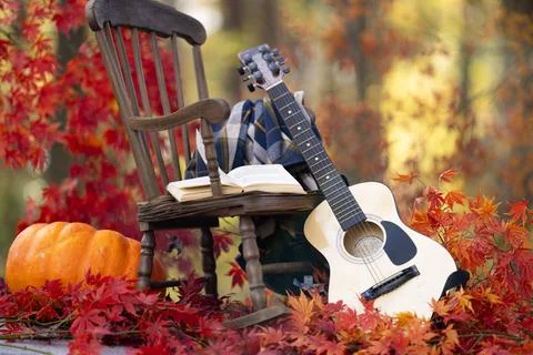Autumn sound of the fall nature. Fall music background. Autumn guitar acoustic Stock Photos