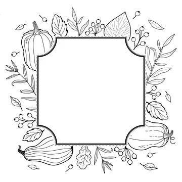 Autumn square frame. Postcard template with foliage, pumpkin and fruits in Stock Illustration