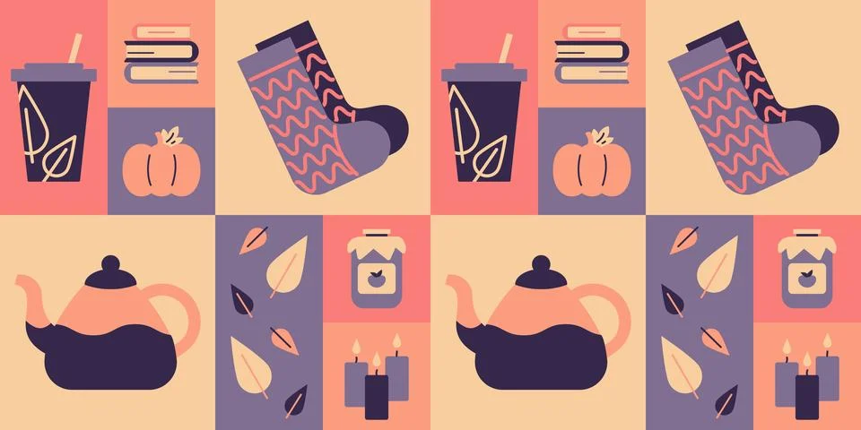 Autumn Square pattern. Murals, mosaic fall print. Cozy items. Cup, teapot, jam Stock Illustration