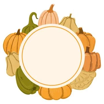 Autumn squashes round frame. Vector illustration. Stock Illustration