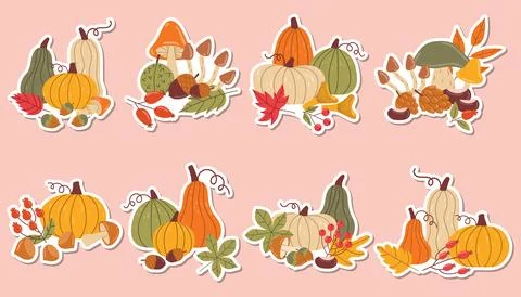 Autumn sticker set featuring decorative compositions of leaves, pumpkins, mus Stock Illustration