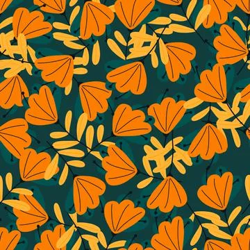 Autumn style seamless pattern with orange doodle flowers shapes. Navy blue ba Illustrazione stock