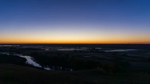 Autumn Sunrise above Misty Valley with River in Ukraine, Timelapse, 4K Stock Footage