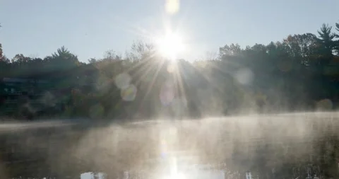 Autumn Sunrise Over Evaporating Lake Mist, Centered Stock Footage