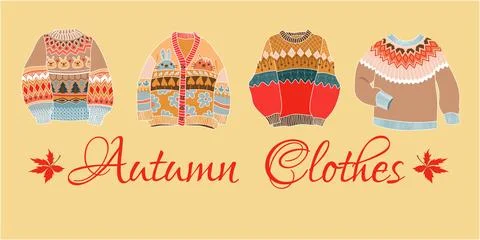 Autumn sweater set flat style. Vector poster with cozy sweater and letterin.. Stock Illustration